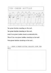 English worksheet: Ten green bottles standing on the wall song and activity