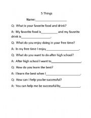 English worksheet: 5 Things ESL Icebreaker