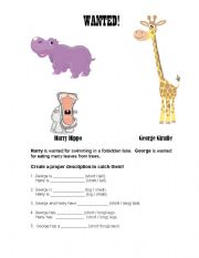 English Worksheet: Wanted!  Animal Description Practice