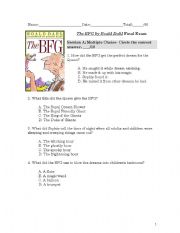 English Worksheet: The BFG by Roald Dahl Final Exam