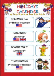 English Worksheet: HOLIDAYS CALENDAR (3 pages)