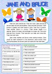 English Worksheet: JANE AND BRUCE (READING AND COMPREHENSION)