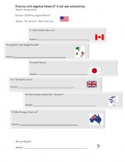 English worksheet: Nationalities and practice with negative forms of to be