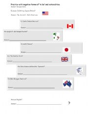 English worksheet: Nationalities and practice with negative forms of ´to be´