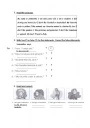 English worksheet: minor illnesses, present simple tense, food and drinks