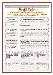 English Worksheet: > Phrasal Verbs Practice 20! > --*-- Definitions + Exercise --*-- BW Included --*-- Fully Editable With Key!