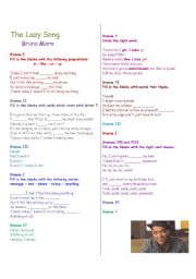 Working with verb tenses and prepositions :  The Lazy Song (Bruno Mars) . Fully editable !!! With B&W copy and answer key