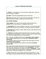 English Worksheet: Elements of the Novel