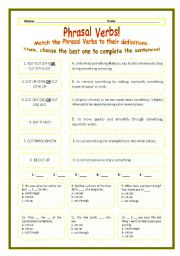 English Worksheet: > Phrasal Verbs Practice 21! > --*-- Definitions + Exercise --*-- BW Included --*-- Fully Editable With Key!