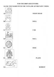 English worksheet: LINK THE NAMES WITH THE TOYS AND AFTER PAINT AS IT IS ASKED