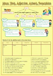 English Worksheet: Noun/Verb/Adjective/Adverb/Preposition (Keys included)