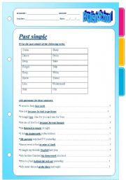 Past simple tense. 3 pages. Regular and irregular verbs.
