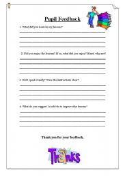 English worksheet: PUPIL FEEDBACK- a graet activity for the end of the year.