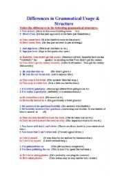 English Worksheet: Differences in Grammatical Usage & Structure 	