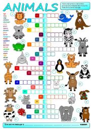 English Worksheet: Animals - crossword (B&W + KEY included)