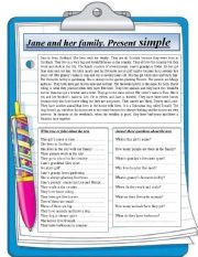 English Worksheet: Reading comprehension. Jane and her family.