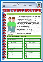 English Worksheet: THE TWINS ROUTINE - TEST (3 PAGES)