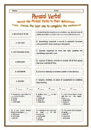 English Worksheet: > Phrasal Verbs Practice 22! > --*-- Definitions + Exercise --*-- BW Included --*-- Fully Editable With Key!