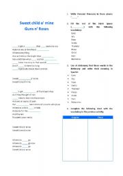 English Worksheet: Song Sweet Child o mine - Personal Pronouns - Plural-Singular Nouns