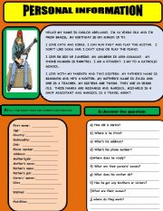 English Worksheet: PERSONAL INFORMATION