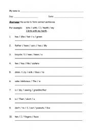 English worksheet: Re-arrange the words to form a correct sentence