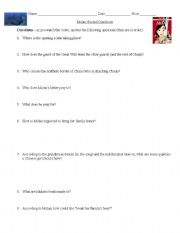 English Worksheet: Disney Mulan Video Worksheet Questions