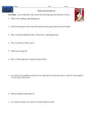 English worksheet: Disney Mulan Video Worksheet Questions