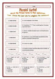 English Worksheet: > Phrasal Verbs Practice 14! > --*-- Definitions + Exercise --*-- BW Included --*-- Fully Editable With Key!