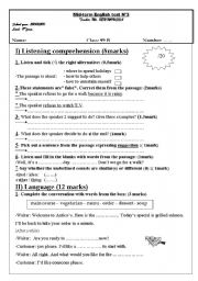 English Worksheet:   9 th year Mid-term English test N3                                                   