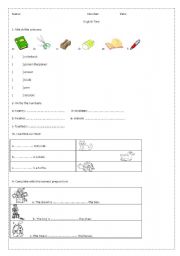 English worksheet: Test about school objects, this and that, prepositions of place and numbers