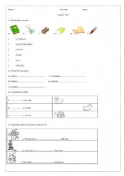 English Worksheet: Test about school objects, this and that, prepositions of place and numbers