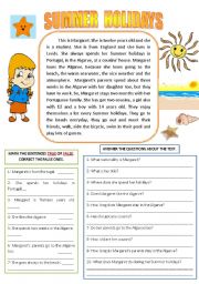 English Worksheet: SUMMER HOLIDAYS (READING AND COMPREHENSION)