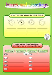 English Worksheet: Hours and Greetings