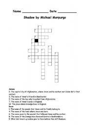 English Worksheet: Crossword starter of Shadow by Michael Morpurgo