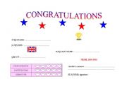 English worksheet: End of the year certificate