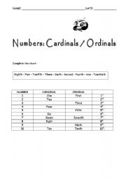 English worksheet: Cardinals /Ordinals