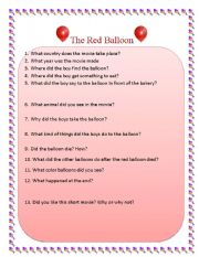English worksheet: Red Balloon quiz