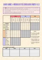 English Worksheet: LOGIC GAME 3 - MURDER IN THE HIGHLANDS PARTS 1 & 2