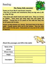 English Worksheet: PUMA - animal reading