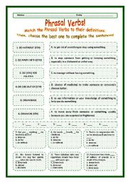English Worksheet: > Phrasal Verbs Practice 24! > --*-- Definitions + Exercise --*-- BW Included --*-- Fully Editable With Key!