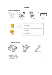 English worksheet: Revision-classroom objects,animals and my-your