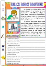 English Worksheet: BILLS DAILY ROUTINE (READING AND COMPREHENSION)