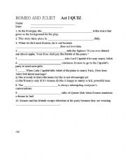 English Worksheet: Romeo and Juliet Quiz Act 1 