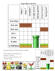 English Worksheet: Super Mario Battleship Game - Is / Am / Are - Simple Present