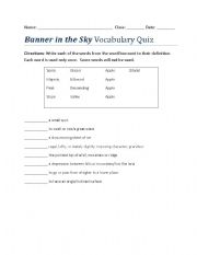 English worksheet: Banner In The Sky ~ Vocabulary Quiz