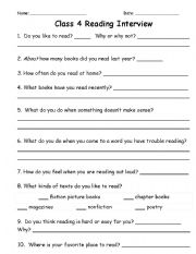 English worksheet: Reading Questionnaire