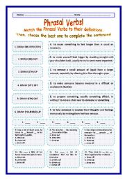 English Worksheet: > Phrasal Verbs Practice 25! > --*-- Definitions + Exercise --*-- BW Included --*-- Fully Editable With Key!