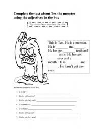 English Worksheet: Tex The Monster: Complete the text with adjectives and answer the questions