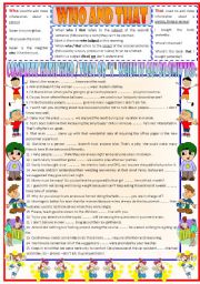 English Worksheet: Who and that � relative pronouns � rules � examples � exercises � B&W version � teacher�s keys � 3 pages � editable