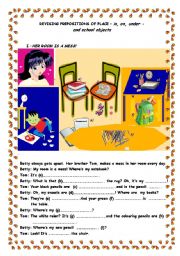 English Worksheet: Revising Prepositions of Place and Classroom Objects